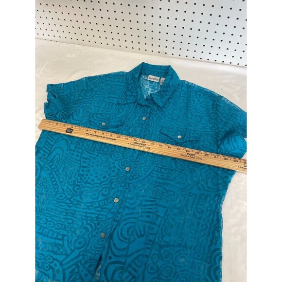 Chicos Womens Sheer Teal Abstract Button Up Blouse Size 2 Short Sleeve Pockets - Picture 7 of 8